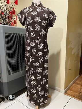 2XL Classic Floral Cheongsam Dress - Brown & White #11